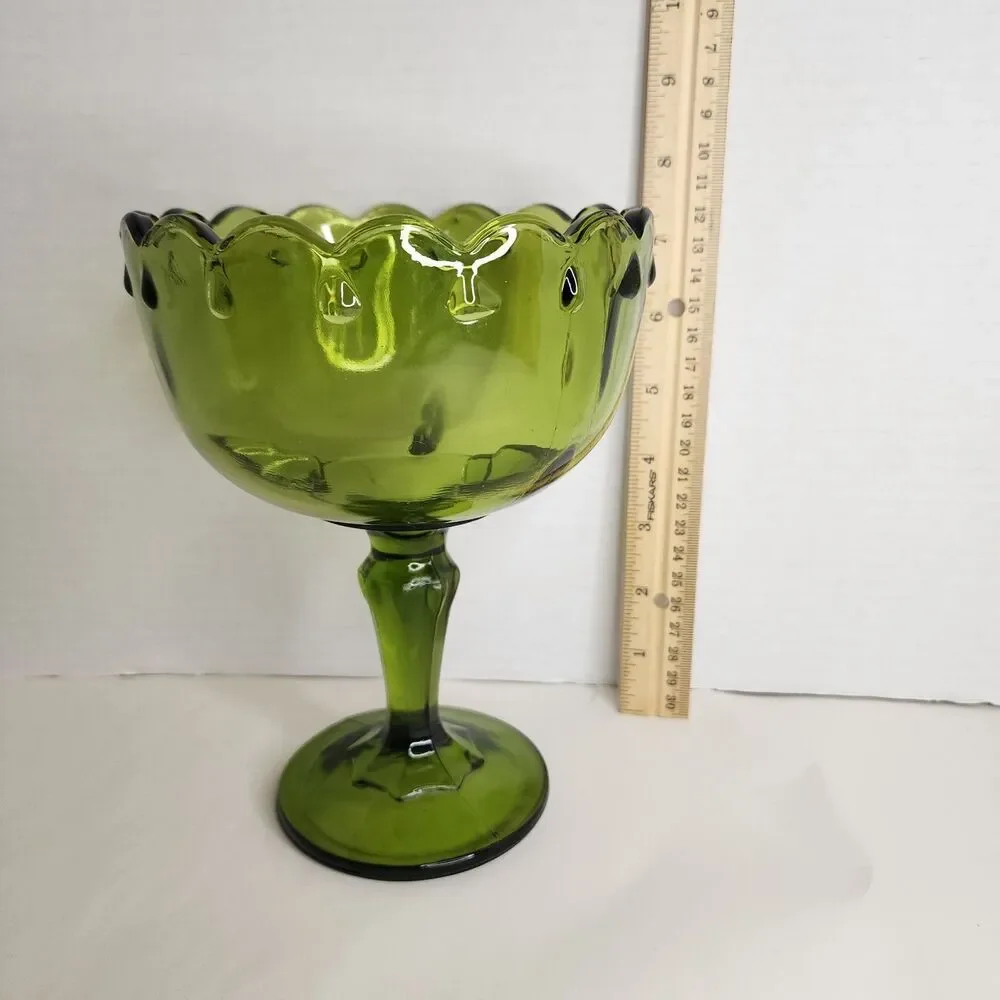 Vintage Indiana Glass Teardrop Antique Green Pedestal Compote Centerpiece Bowl